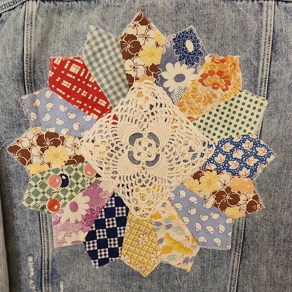 Upcycled Old Navy Light Wash Distressed Denim Jacket with Patch Detail XL - Picture 8 of 8